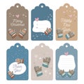 Set of six Christmas tags collection with mittens and snowflakes. Royalty Free Stock Photo